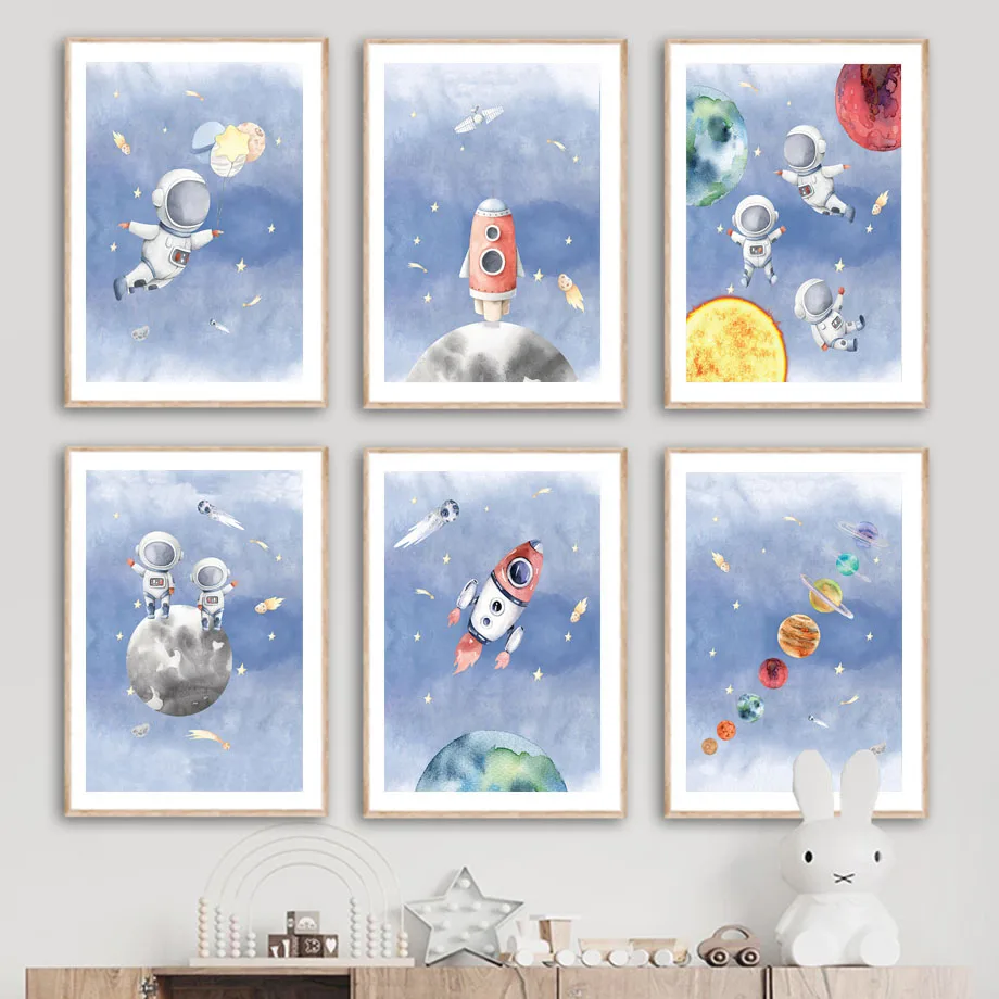 

Cartoon Space Cute Astronaut Rocket Earth Mars Planet Wall Art Oil Painting Nordic Poster and Printmaking Wall Picture Kids Room
