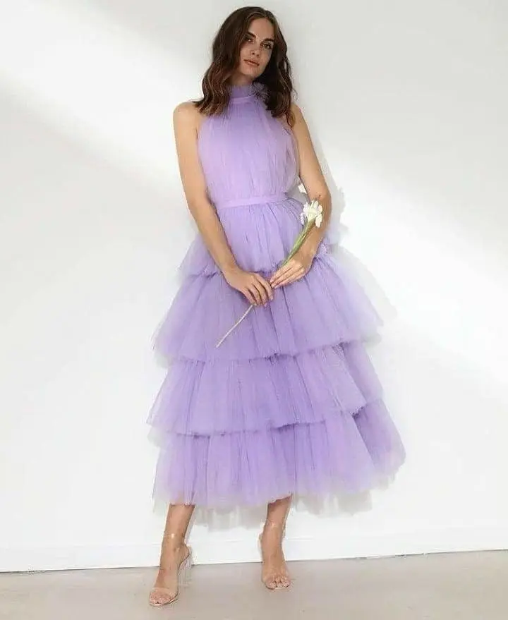 Lilac Tiered Tulle Prom Dresses High Neck Tea length A Line Formal Party Prom Gowns Sleelveless Evening Gowns Elegant