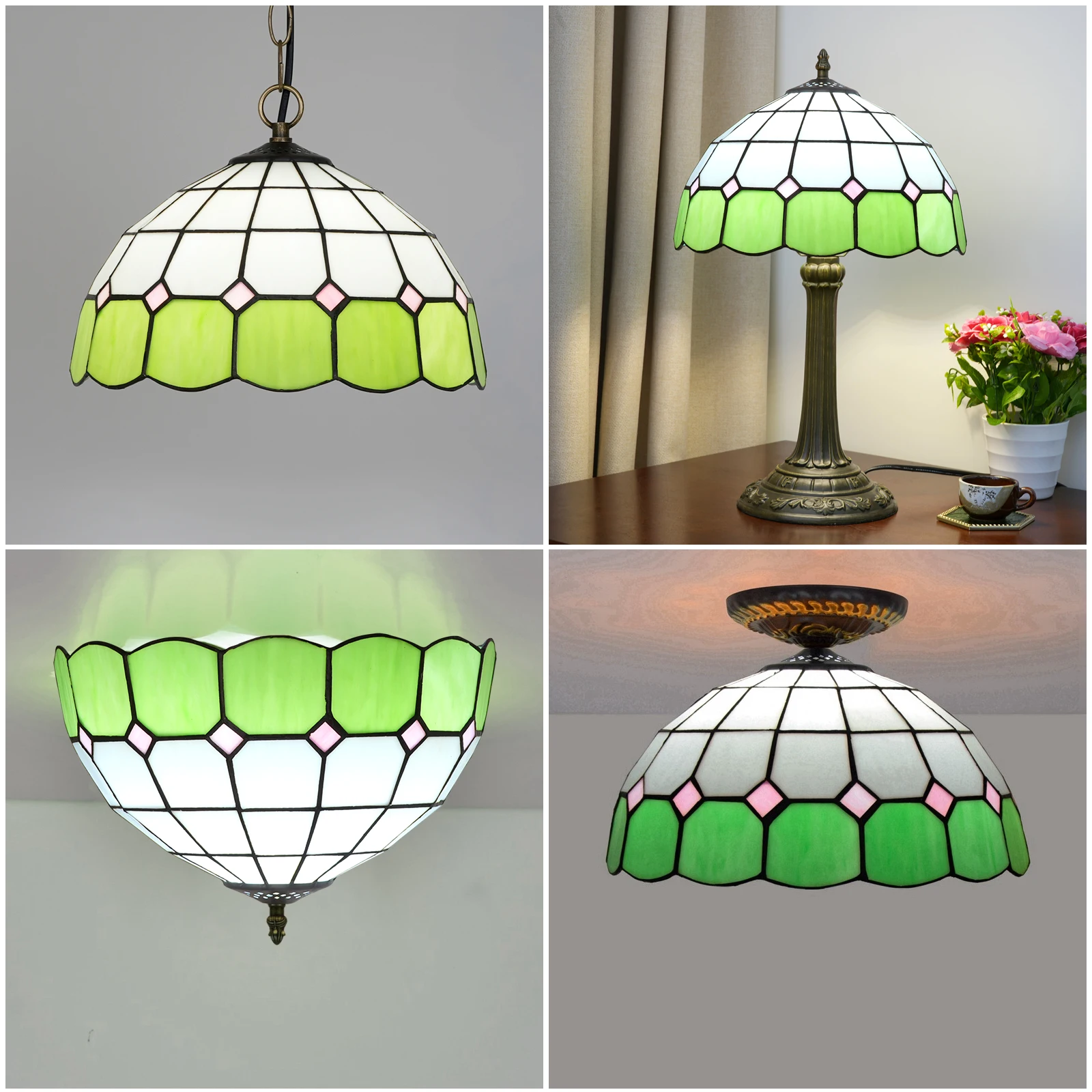 Tiffany Style, White and Green, Colored Glass Lampshade, Branch Chandelier, Table Lamp Replacement Lampshade, Diameter 12 Inches