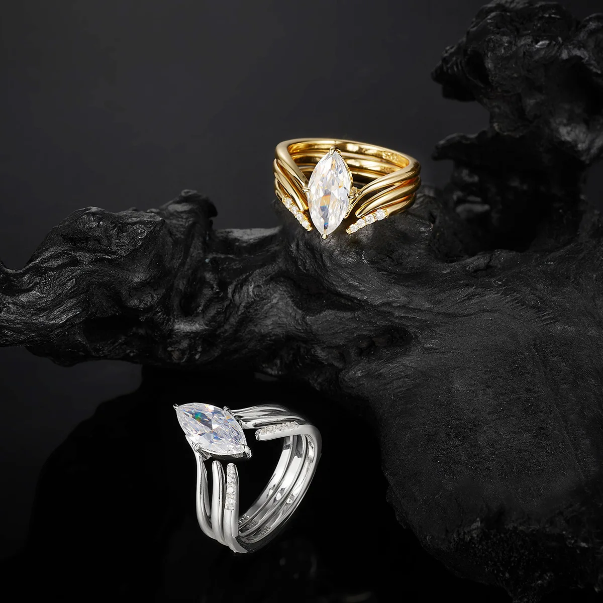 

S925 Sterling Silver 18K GP 6x12mm 2CT D Color Marquise Moissanite 3-Pc Women's Ring Set, Elegant Jewelry Gift.