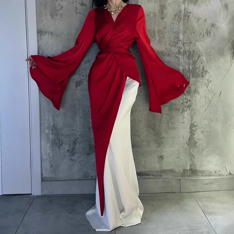 

LIBIELIY Elegant V-neck High Waist Satin Party Dress Fashion Color Blocked Draped Pleat Long Dress Casual Flared Sleeve Slim Wo