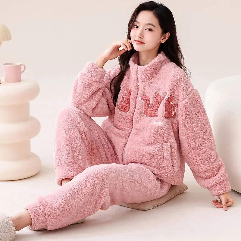 

Women Coral Velvet Pajamas Winter Fleece-lined Thickened Stand Collar Nightclothes Sets Female Flannel Warm Loungewear Suit 2024