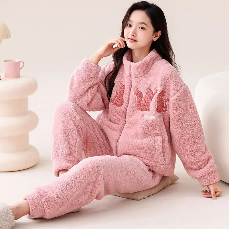 Women Coral Velvet Pajamas Winter Fleece-lined Thickened Stand Collar Nightclothes Sets Female Flannel Warm Loungewear Suit 2024