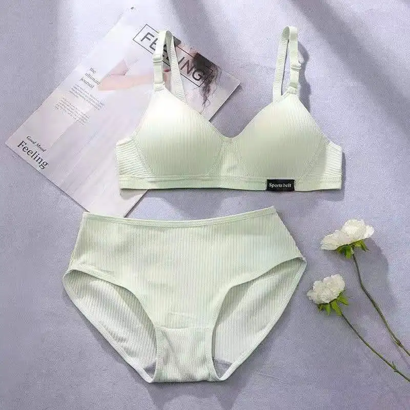 New Cotton Girl Underwear Top Push Up Bra Small Chest Decompression Comfortable Without Steel Ring Bra + Panty Set Teenage Girls