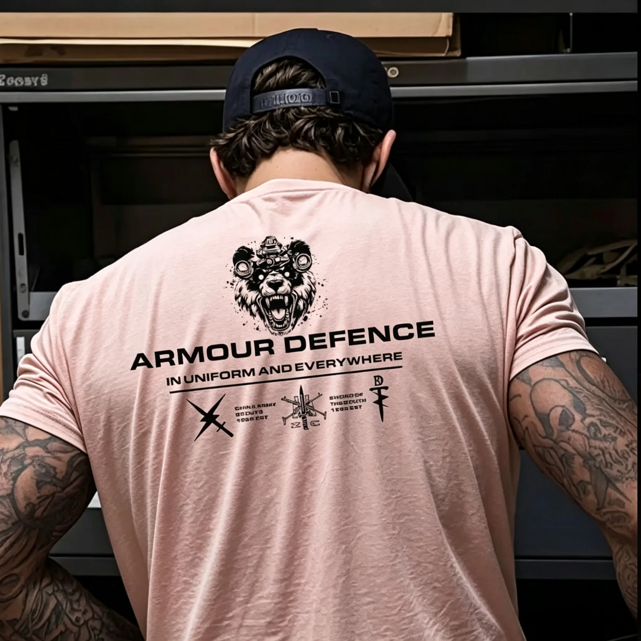 Family Matching T‑Shirt Mechanical Bear Head Tactical Style Back Print Parent‑Child Loose Casual Streetwear Cotton Tee Tops