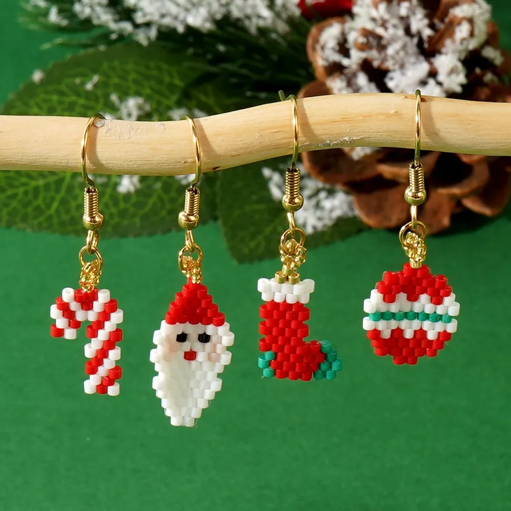 Beaded earrings Christmas Originality Design Santa Claus head Walking stick Hand knitting Bohemia Alloy Tide Rice bead earrings