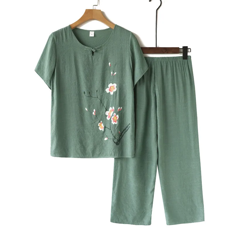 Conjunto pijama de linho de algodão feminino, pijamas soltas, camiseta manga curta, roupa florida, vovó, 2 peças, verão