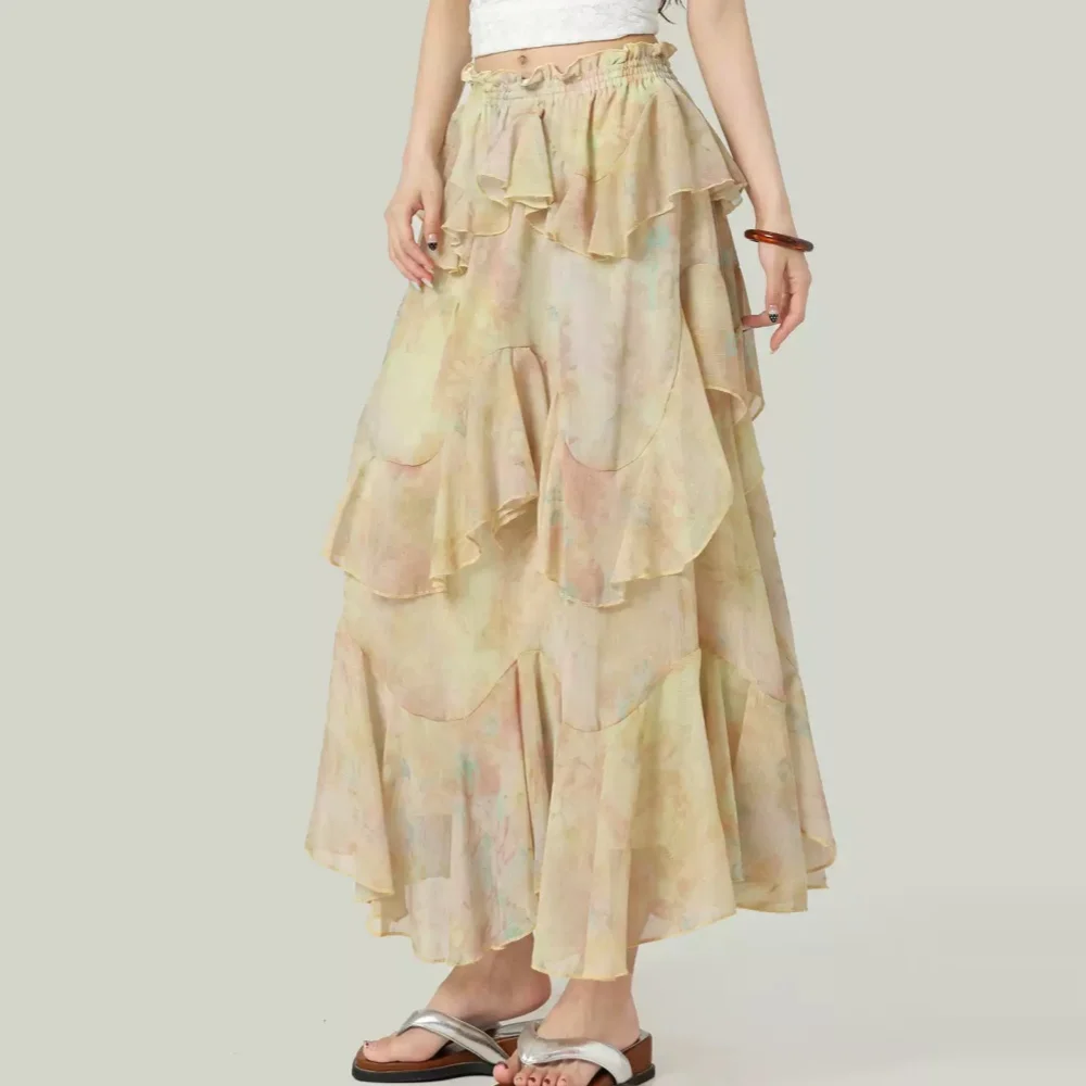 Fashion Floral Printing Stacked Decoration Irregular Hem Skirt Women's Bohemia Style Casual Daily Versatile A-line Ruffles Skirt