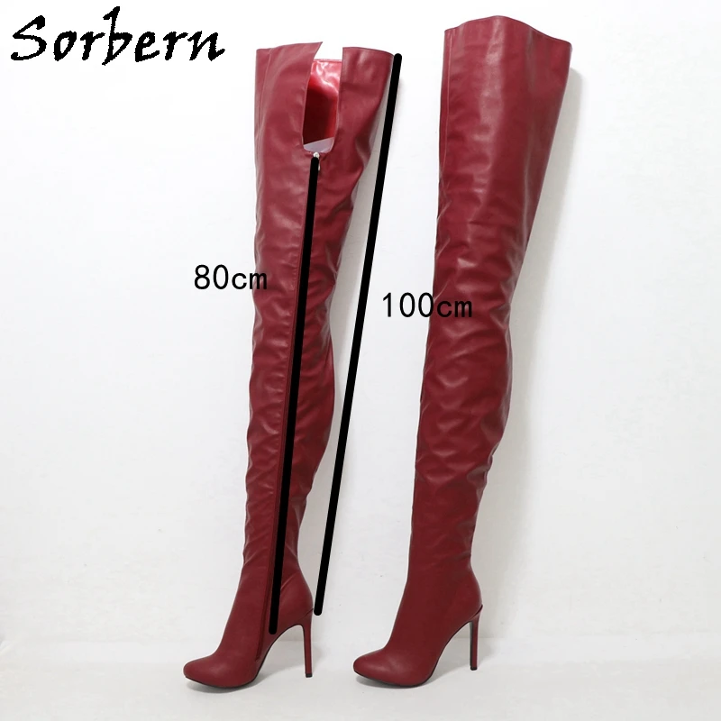 Sorbern 80Cm Crotch /100Cm Out Shaft Length Boots Women High Heel Wine Red Black Matte Shoes Round Toe Custom Crossdresser Boot