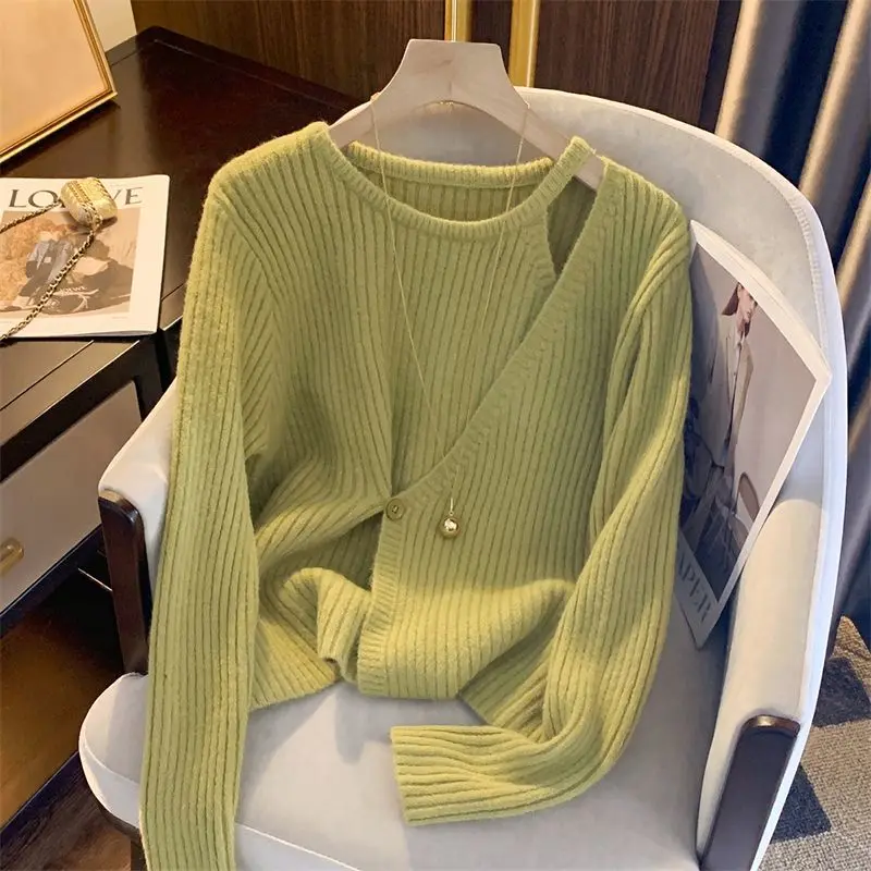 Spring Autumn New Hollow Out Solid Knitting Pullovers Long Sleeve O-Neck Button Sweaters Fashion Temperament Women Clothes S-2XL