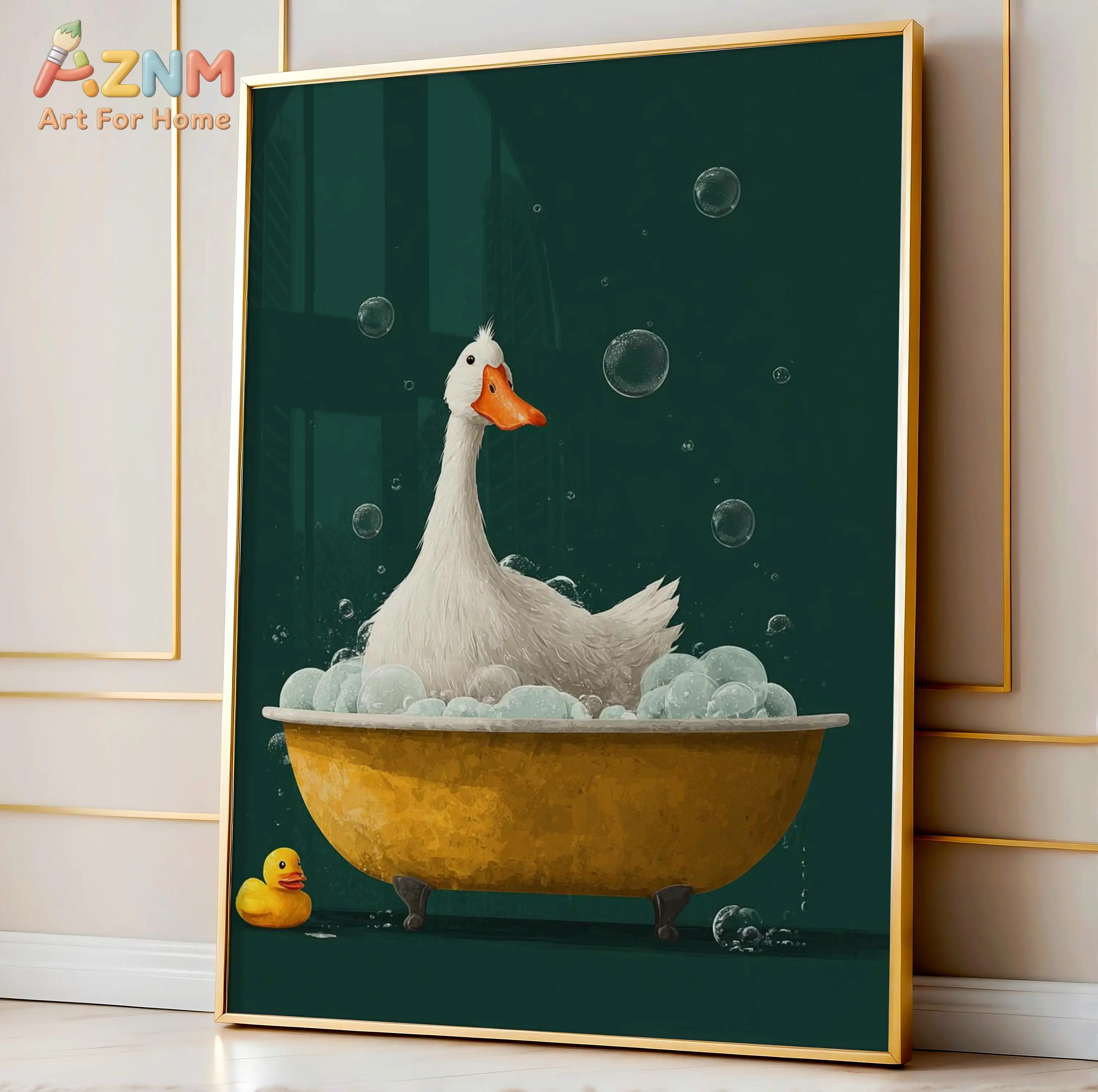AZNM White Goose Bathing In Vintage Tub Canvas Print Rubber Duck Bubble Dark Green Background Funny Cute Bathroom Wall Art Unfra