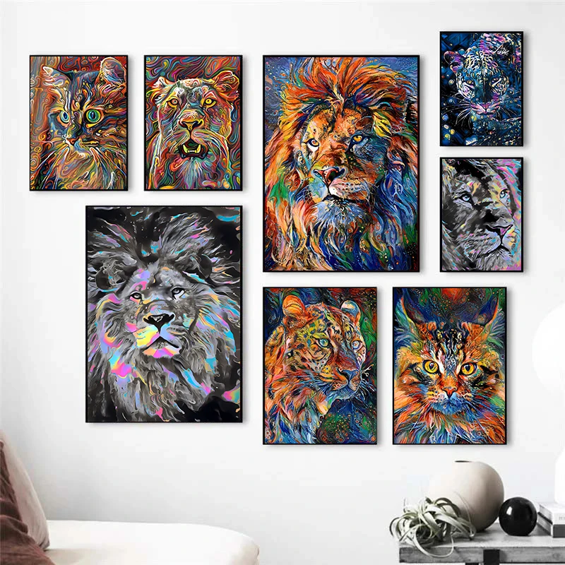 Abstract Watercolour Lion Tiger Cat Canvas Art Posters and Prints Colourful Animals Wall Painting for Room Decoration Picture