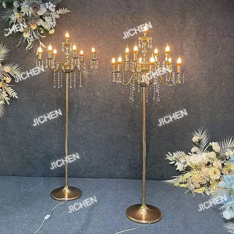 

JCX Свадебный реквизит Свадебная сценическая композиция из кованого железа с гальваническим покрытием из золота Многоголовый хрустальный уличный фонарь Вертикальный