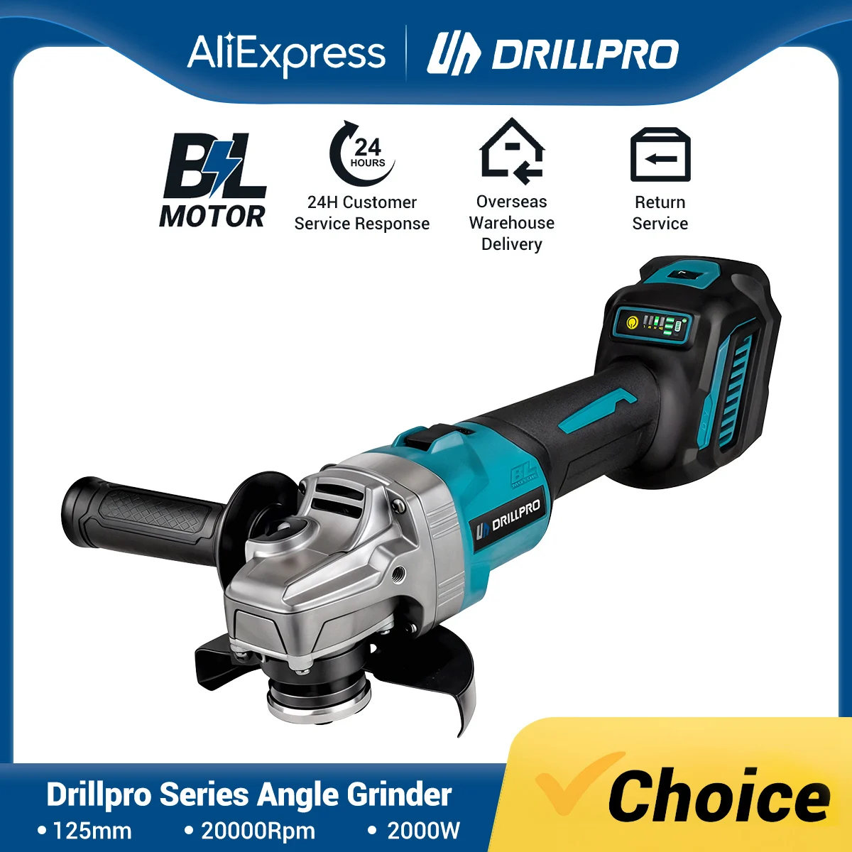 

Drillpro 2000W Angle Grinder 125mm 20000RPM Brushless Motor 18V for Makita Battery High Speed Cutting and Grinding Tool