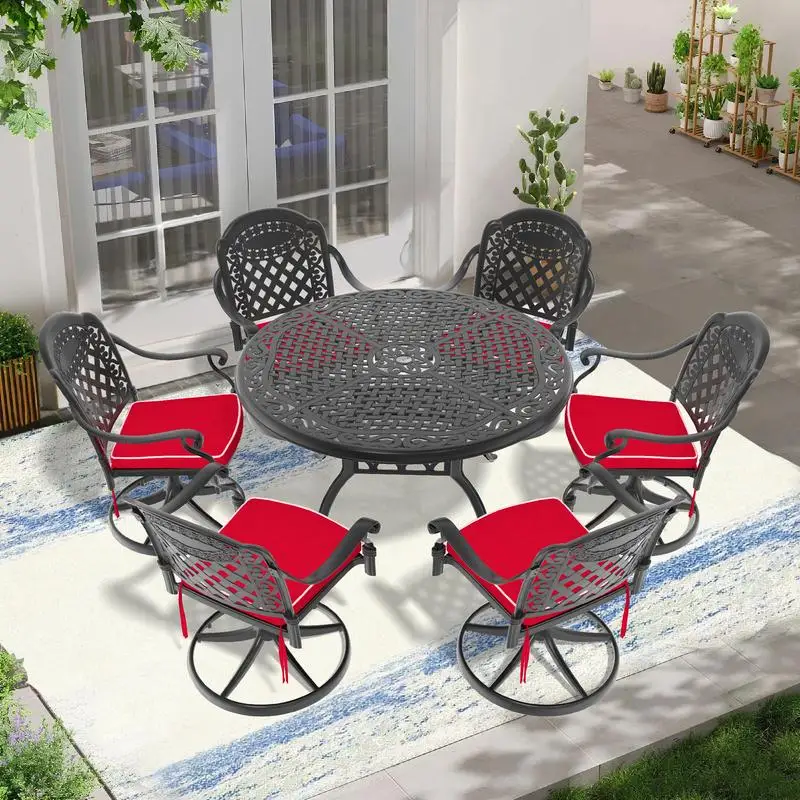 

7-Piece All-Weather Aluminum Dining Set with 6 Swivel Chairs and 48" Round Table, Black Frame