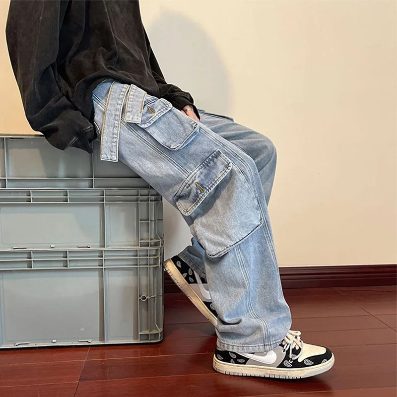 

Trendy Straight Leg Workwear Jeans Men's Summer Loose Pants High Street Sle Wide Leg Long Trousers Casual mid Waist Zipper