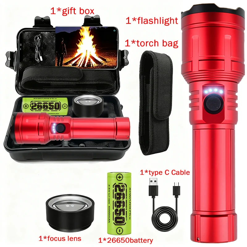 Taschenlampen-Feuerzeug- und Powerbank-Kombination, wiederaufladbar, zoombar, superheller Strahl, 5 Modi, Taschenlampe für Outdoor-Camping-Notfälle