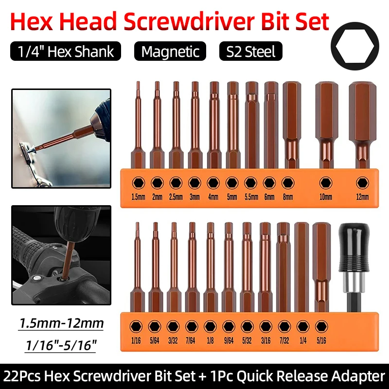 Hex Head Allen Wrench Drill Bit Set 25/60mm Metric Imperial SAE Magnetic Screwdriver Bits Electric Drill Hand Tools Accessories