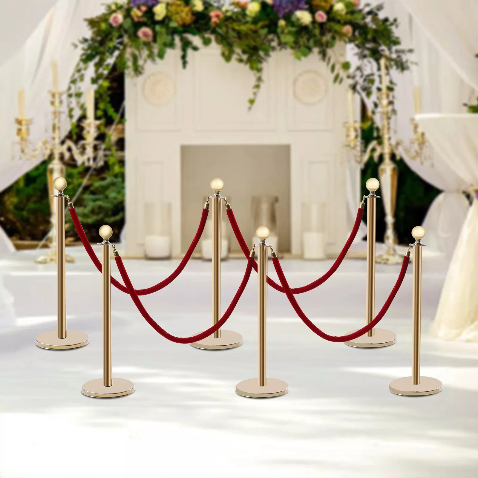 

6Pcs Golden Queue Barrier Stanchion Posts with 4 Velvet Ropes – Crowd Control Poles