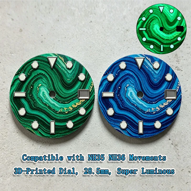 MechJazz 28.5mm 3D Printed Faux Agate Swirl Watch Dial Super Luminous Compatible With NH35 NH36 Movement Watch Mod Parts