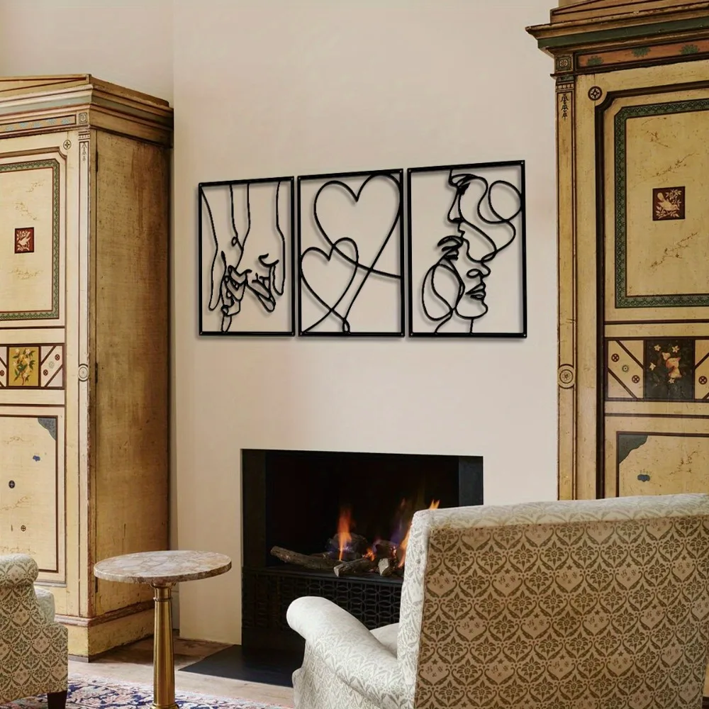 CIFBUY Iron Wall Art Abstract Line Couple Sculpture Heart Face Decor For Home Office Hotel Cafe Black And White