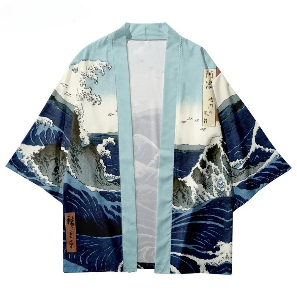 Men And Women's Japanese Kimono, Fashion Wave , Print Pattern Coat, Green Traditional Haori Cardigan, Japan Black Beach Clothing