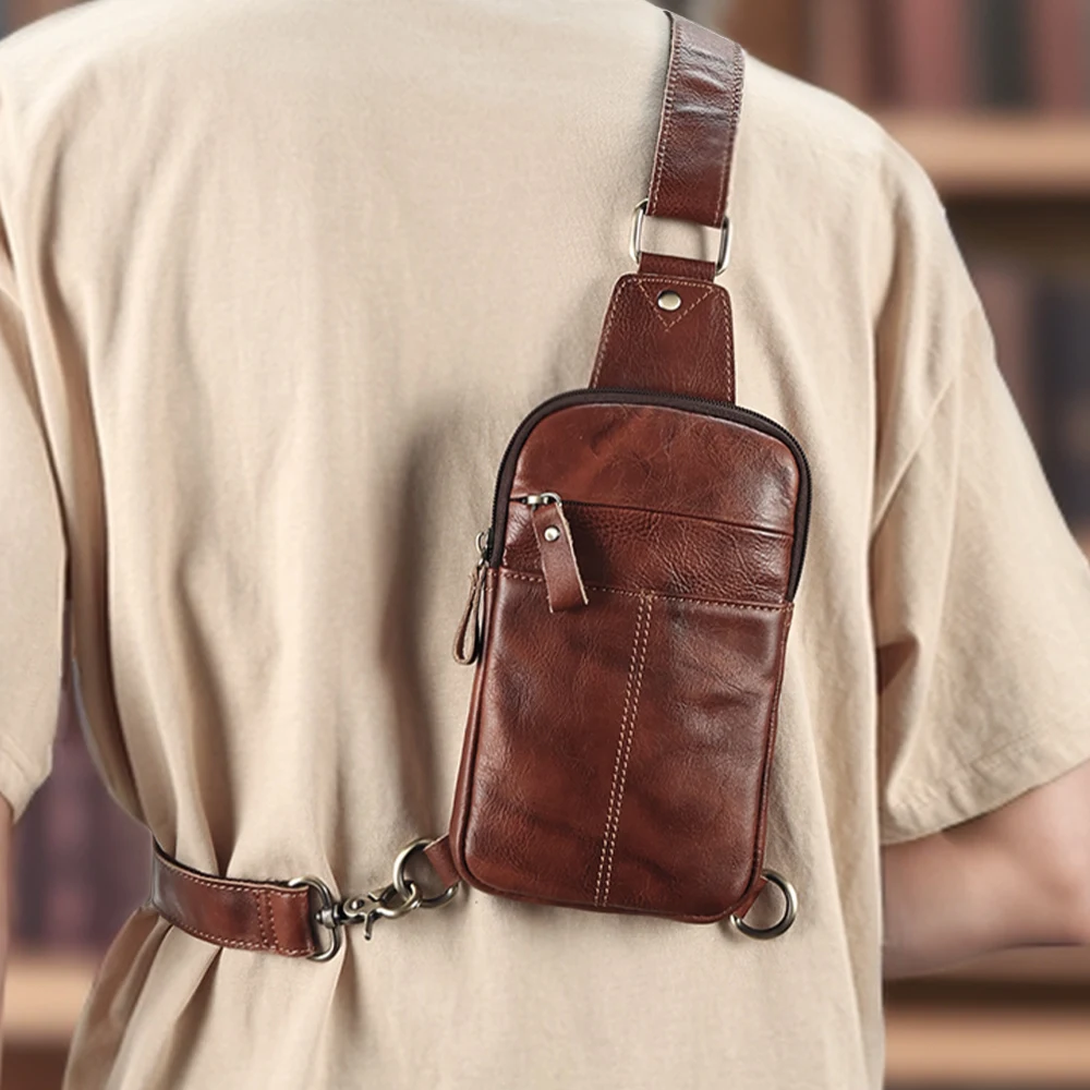 Pure cowhide backpack trendy brand chest bag men's casual crossbody bag simple single shoulder bag genuine leather chest bag