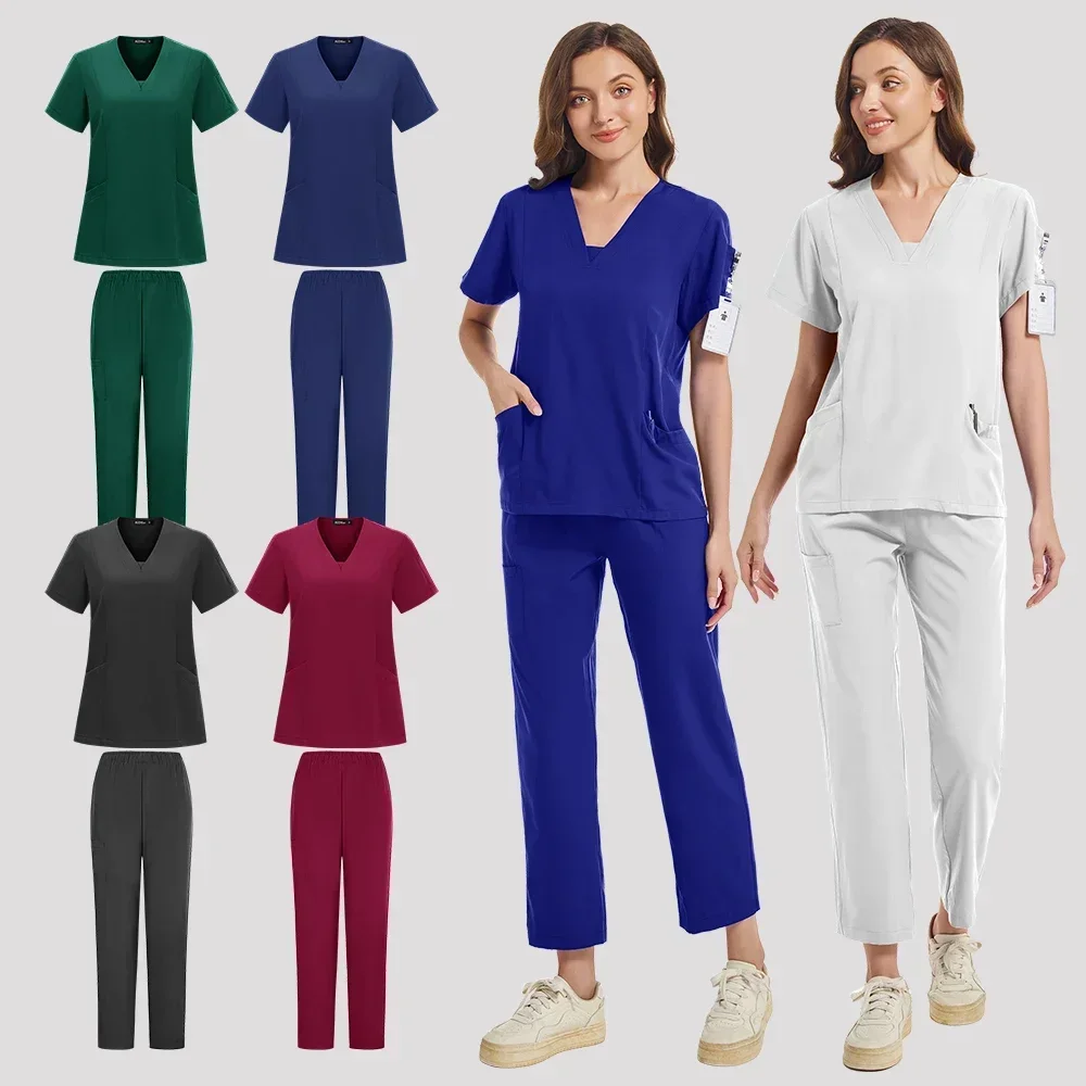 New Scrubs Set Medical Uniforms Stretch Scrub Tops With Pocket Pants Nurse Uniform Doctor Surgery Overalls Beauty Salon Workwear