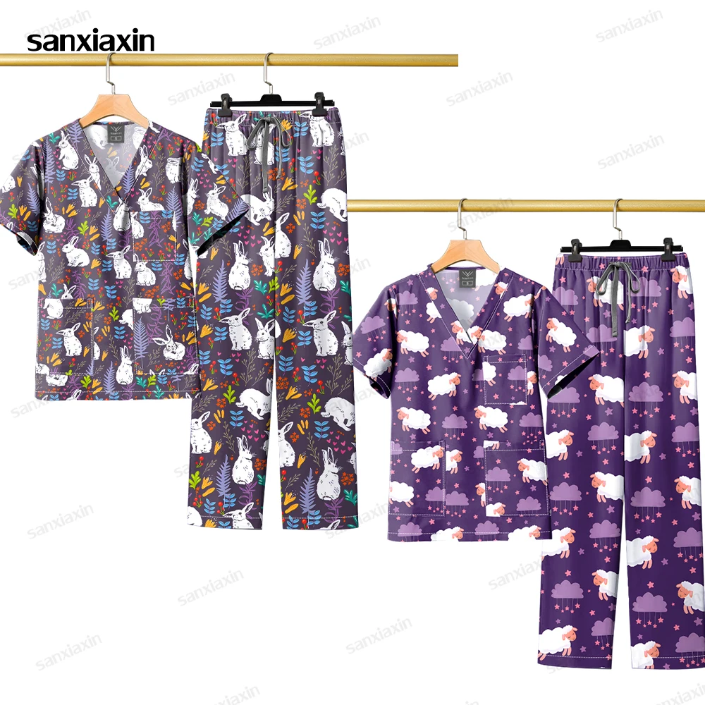 Printed Hospital Uniform Soft Elastic Clinic Workwear Operating RoomTops Pants Surgical Clothes Medical Scrubs Set Straight Suit