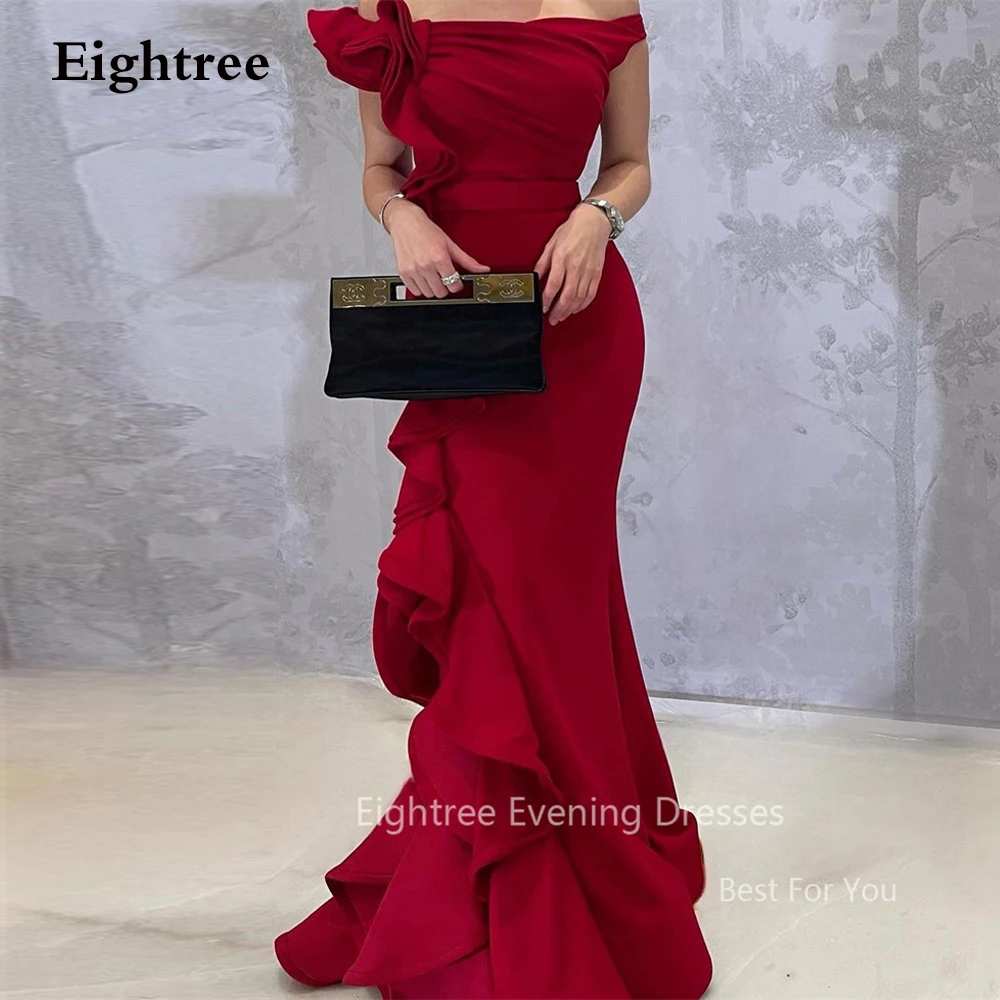 Eightree Red Mermaid Strpless Arabic Evening Dresses Ruffles Off Shoulder Sleeveless Dubai Long Formal Party Dress Prom Gowns