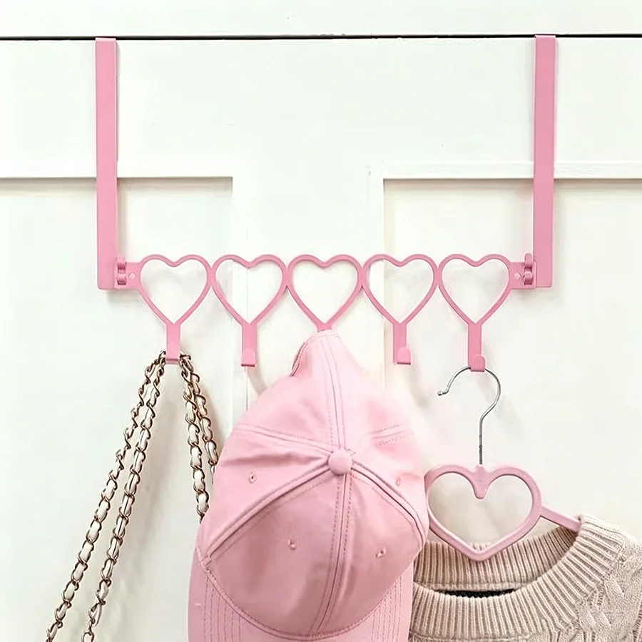 1 Stück Rosa Herz-Türhaken, Wandhalterung, Handtuchhalter, Türhalter-Organizer, 5 Haken, abnehmbare Eisenbogenhaken – Detail 1