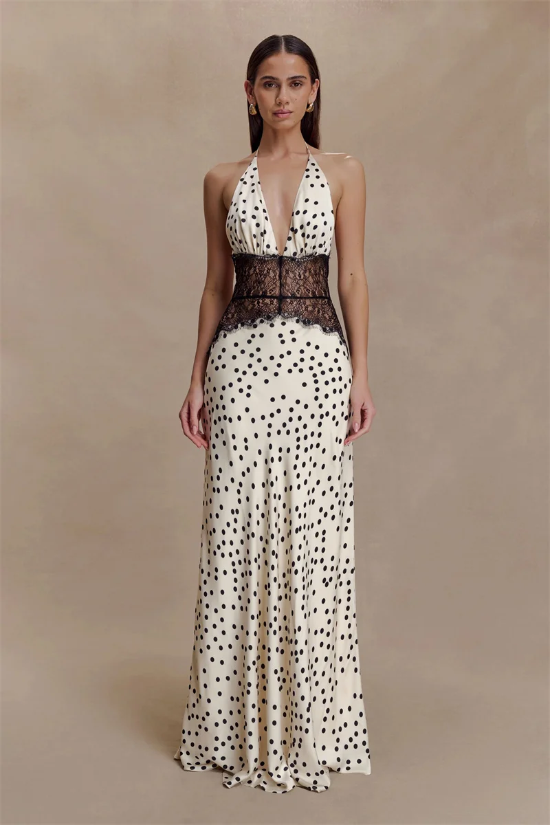Mozision Polka Dot Rückenfreies Sexy Maxikleid Damen Kleid Elegantes Patchwork Spitze Neckholder Tiefer V-Ausschnitt Ärmelloses, figurbetontes Clubkleid – Detail 10