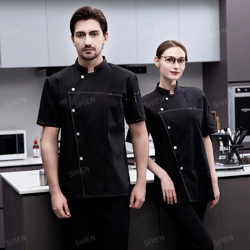 Summer Men Black Chef Coat Women Short Sleeve Apron Chef Jacket Head Chef Uniform Restaurant Hotel Kitchen Cooking Clothes logo
