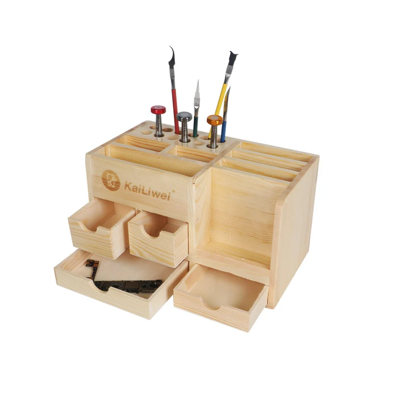 Kailiwei Wooden Storage Box For Tweezer Steel Mesh IC Screwdriver Pen Accessories Organizing Tool Rack Repairing Parts