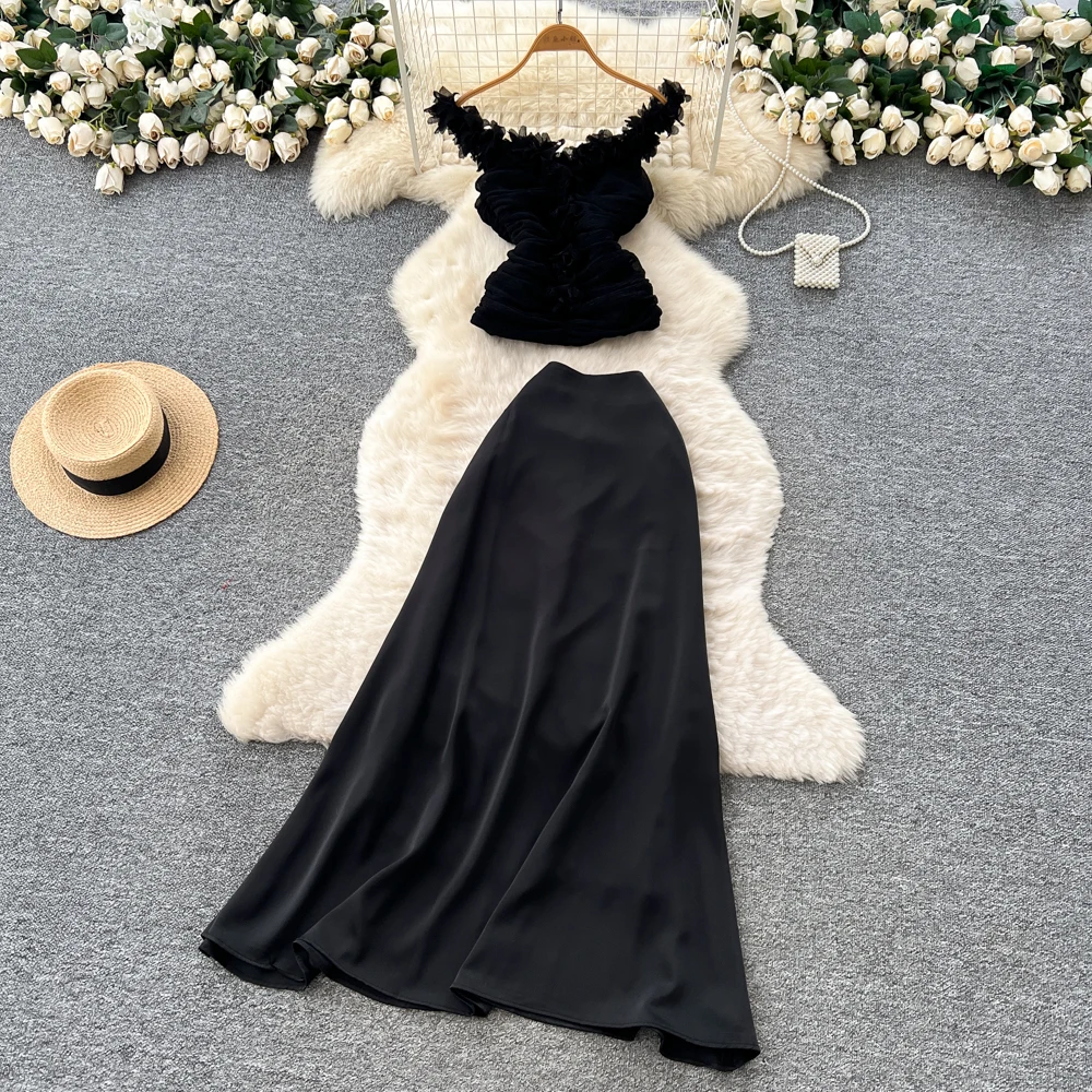 أنيقة خمر الساتان ثلاثي الأبعاد أنيقة عالية الخصر الكورية أزياء فيستدوس قطعتين مجموعة الملابس النسائية