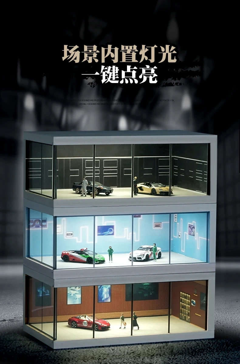 1/64 Scale Simulate Miniature Scene Model Car Model Showroom Exhibition Hall Garage Scene Dioramas Mini House Props for Fans