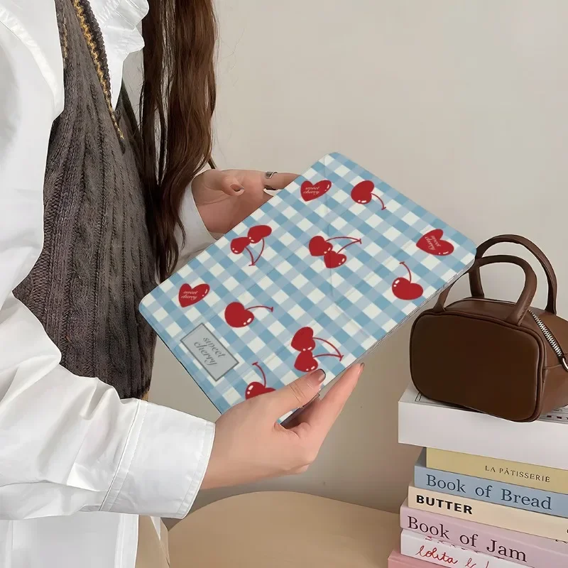 

Blue Grid Cherry IPad Case for IPad 11th A16 2025 Air7 11in Acrylic Case 10th 10.9in Air4 5 9th 10.2in Air6 Mini7 Tablet Cover