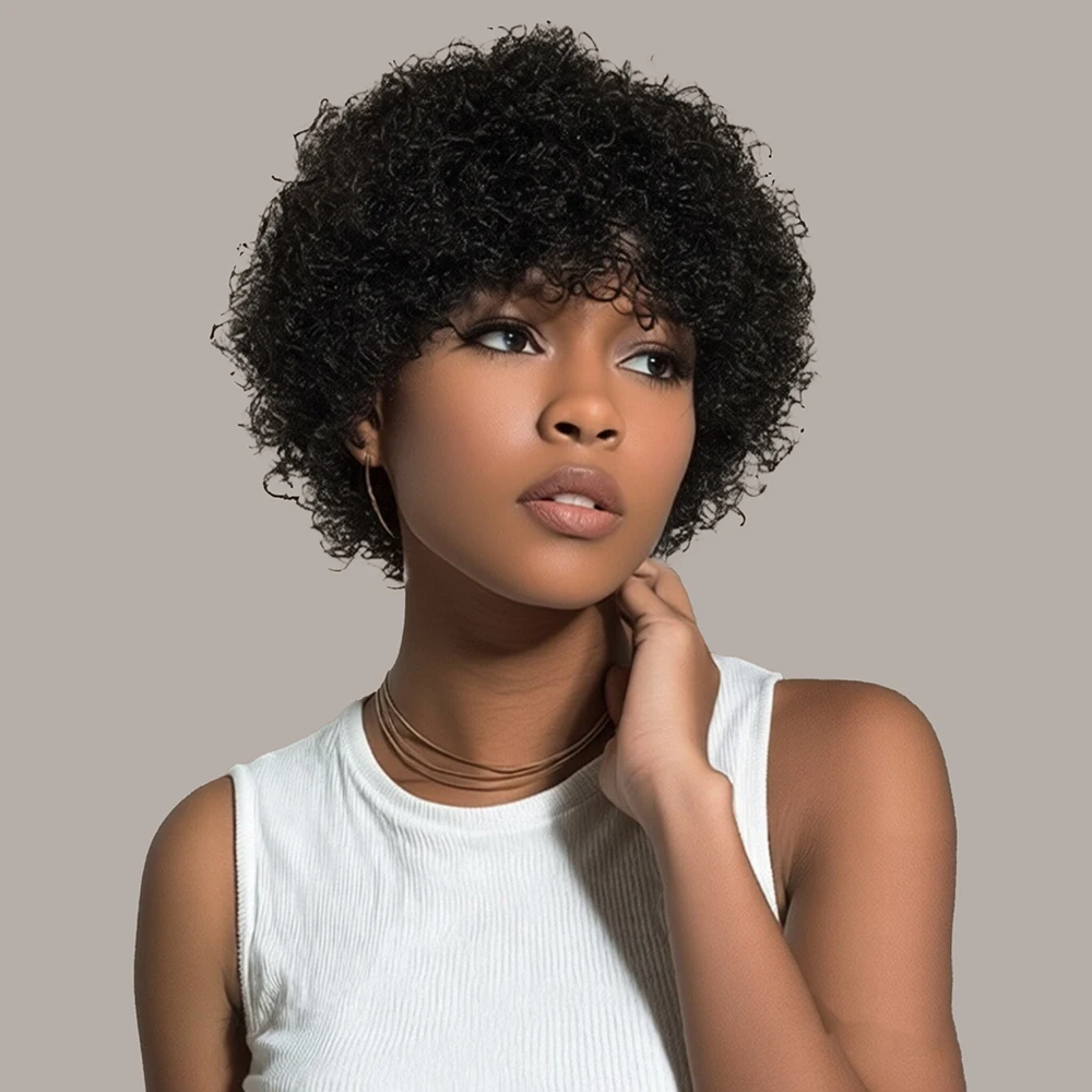 Wig Pixie Cut Keriting Pendek dari Rambut Manusia dengan Poni Pre Plucked untuk Wanita, Wig Buatan Mesin Bebas Kusut untuk Cosplay Sehari-hari