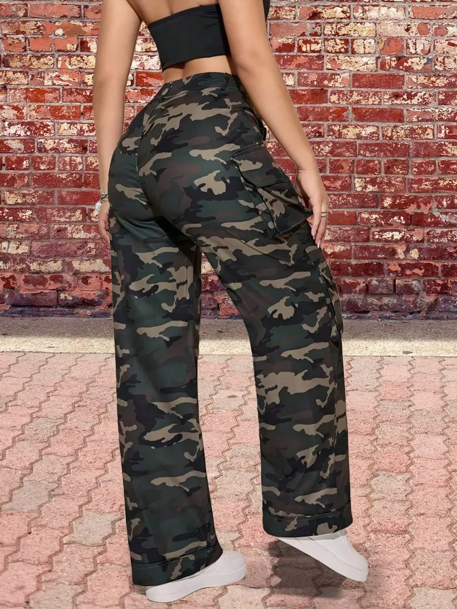 2024 Women's Military Green Camo Jeans - Flip-Top Pocket Tactical Pants  High Waisted Cargo Joggers for Outdoor Party