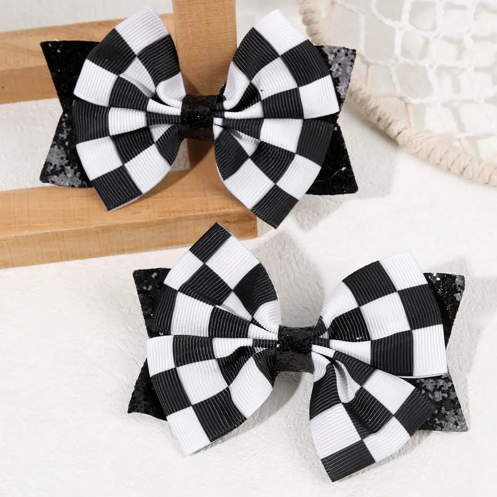 2pcs Glitter Ribbon Bow Hair Clip Classic Black and White Grid Bowknot Hairpin Boutique Hair Accessories Children Headwear