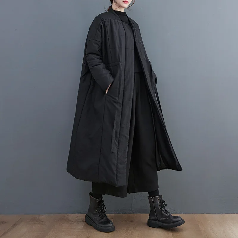 

Новое зимнее однобортное хлопковое пальто с воротником-стойкой, женское свободное длинное стильное пальто с завязками на талии, теплые утепленные куртки, модные черные