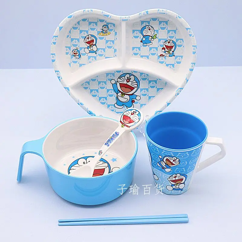 New Children\'s Doraemon cartoon kawaii bowl tableware set cute with handle household food grade eating bowl spoon gift wholesale