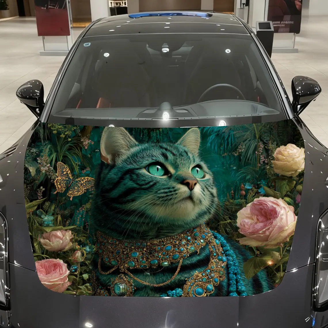 

Green Gemstone Cat Car Hood Decal Sticker, Durable Car Vinyl Wraps Suitable For Most Vehicles, Car Engine Hood Protective Film G