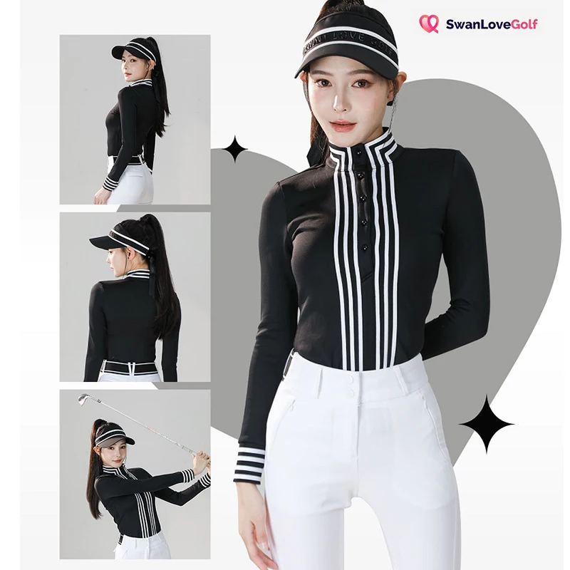

SG Autumn Winer Golf Shirts Women Long Sleeve Korean Sports Top Ladies Stand Collar Striped POLO Shirt Windproof Golf Clothes