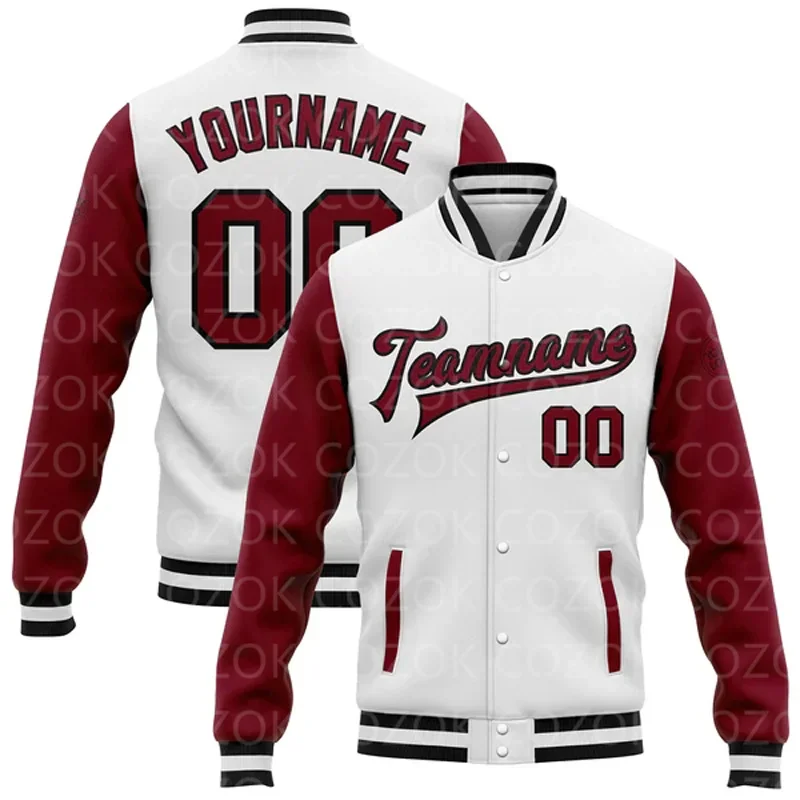 Benutzerdefinierte weiße grüne 3D-gedruckte Baseball-Knopfjacke mit Raglanärmeln, Bomberjacke mit durchgehendem Druckknopf, Varsity-Briefman-Jacke