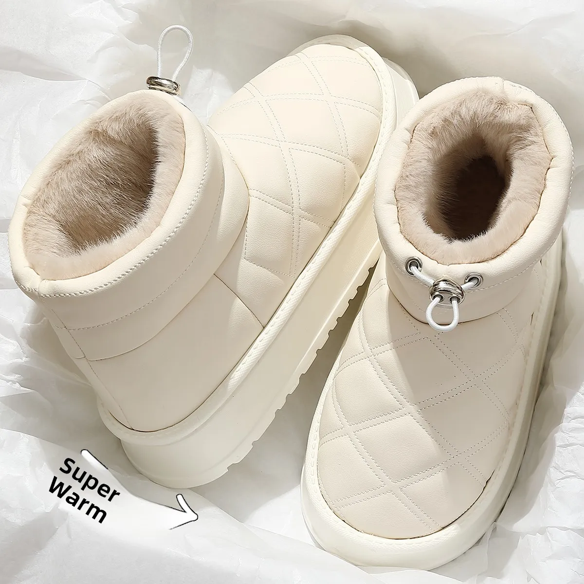 Women's Winter High-Top Fur Lined PU Leather Snow Boots Waterproof Cotton Shoes Warm Fashionable Short Tube EVA Inner Material
