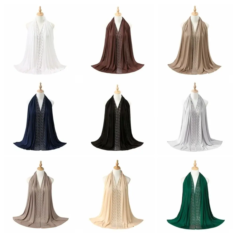 

High Quality Solid Color Hijab Scarf Rhinestone Shinny Headband Headscarf Sun Protection Breathable Shawl Long Wraps For Women