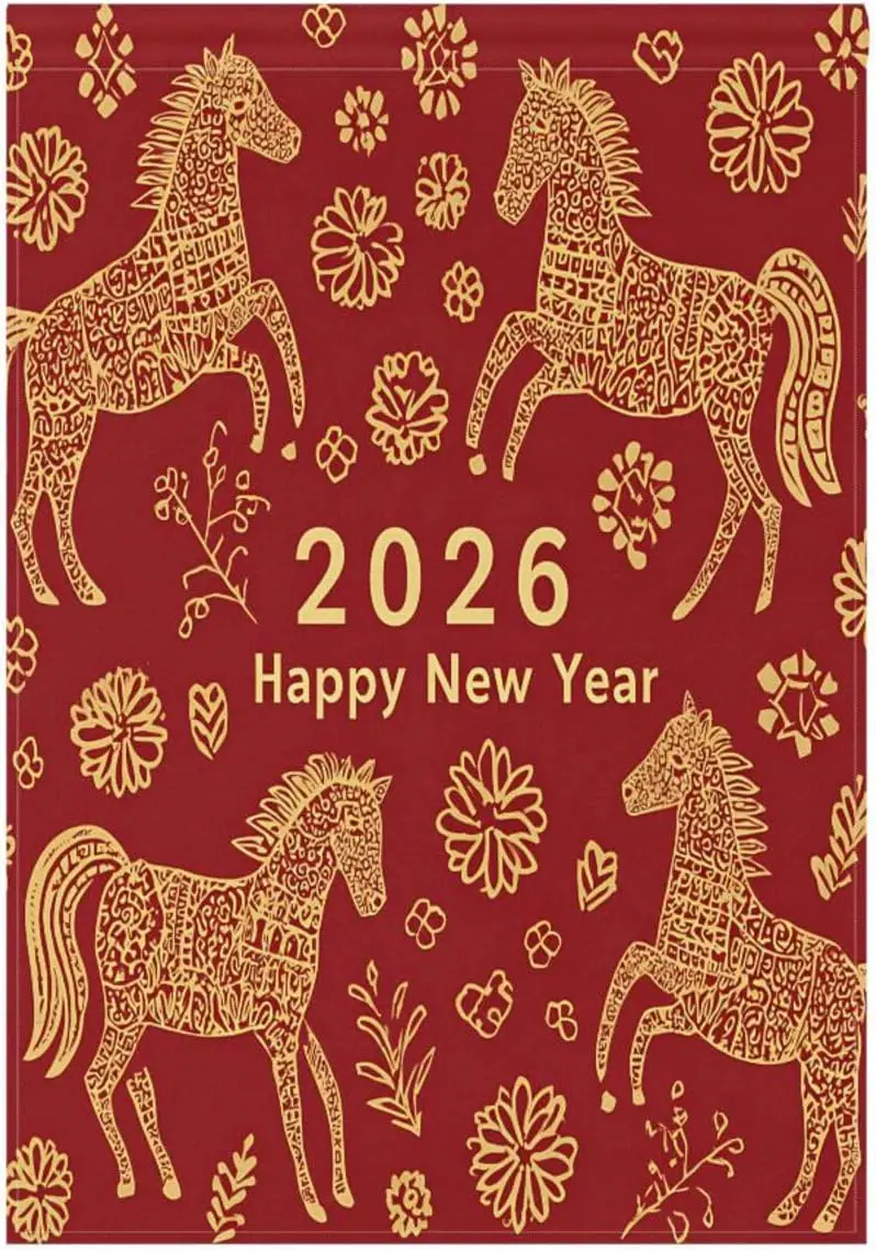 susiyo Happy New Year and Horse Garden Flag Banner Fall Garden Flag 28 x 40 Inch Double Sided, Christmas Winter Holiday Chri PPM