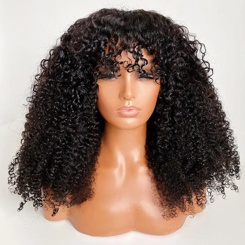 Бесклеевой натуральный черный длинный мягкий 180 Плотность 26 дюймов Кудрявый машинный парик с челкой для женщин Детские волосы предварительно выщипанные термостойкие