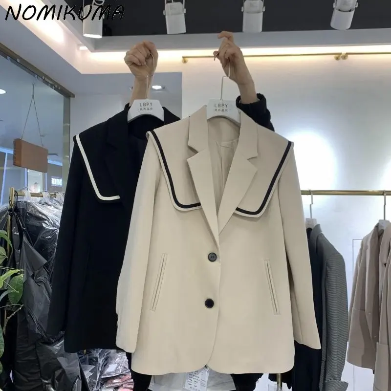 Nomikuma Elegant Sailor Collar Causal Blazer Coat Women Autumn Korean Fashion Suit Jacket 2023 New Single Breasted Blazers Femme